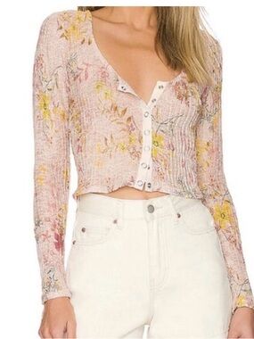We The Free Pink “Angelina” Floral Button-Front Sheer Crop Top Size Large